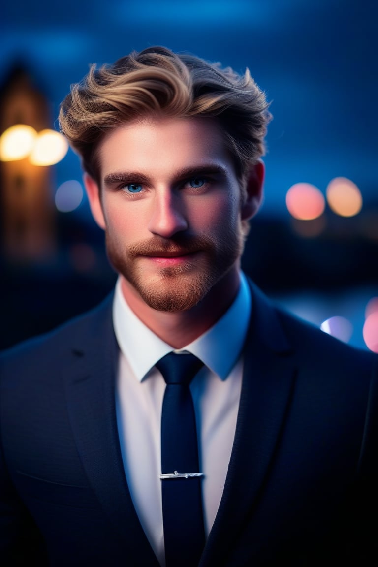 (masterpiece, only realistic, best quality), absurdperfect professional smooth clear clean intricate photo of a handsome Welsh man called herin,  he has pale-brown messy short hair flowing, beard, wearing formal clothes, night, bokeh, outdoors,  uhd, highres, high-definition, vibrant, matte, colorful, exceptional epic photo , symmetry is excellent,