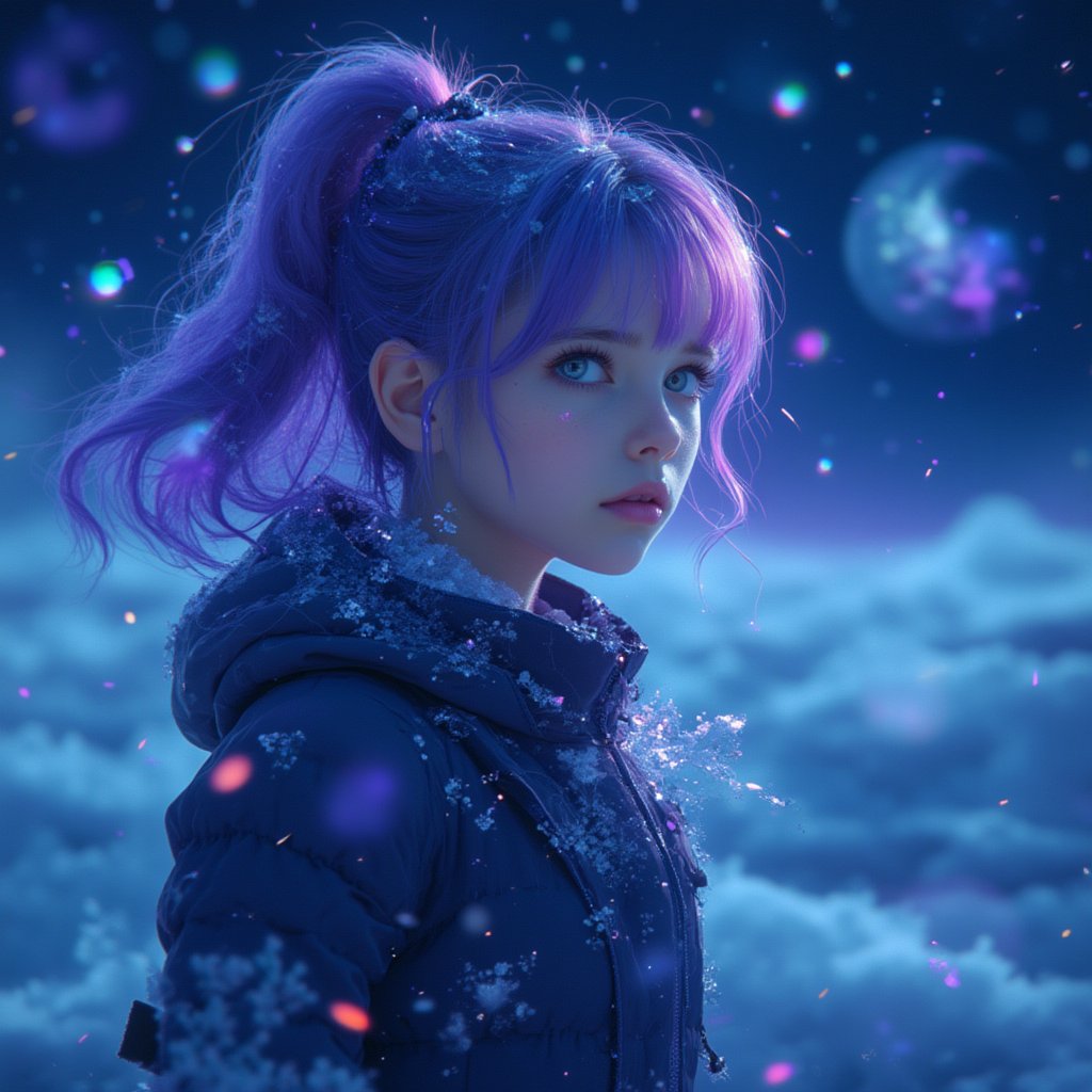 1 girl portrait, charming, nature, neon light, look at viewer,Anime Style, ice, space background,noc-space