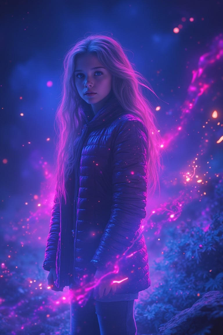 1 girl portrait, charming, nature, neon light, look at viewer,Anime Style, ice, space background,noc-space