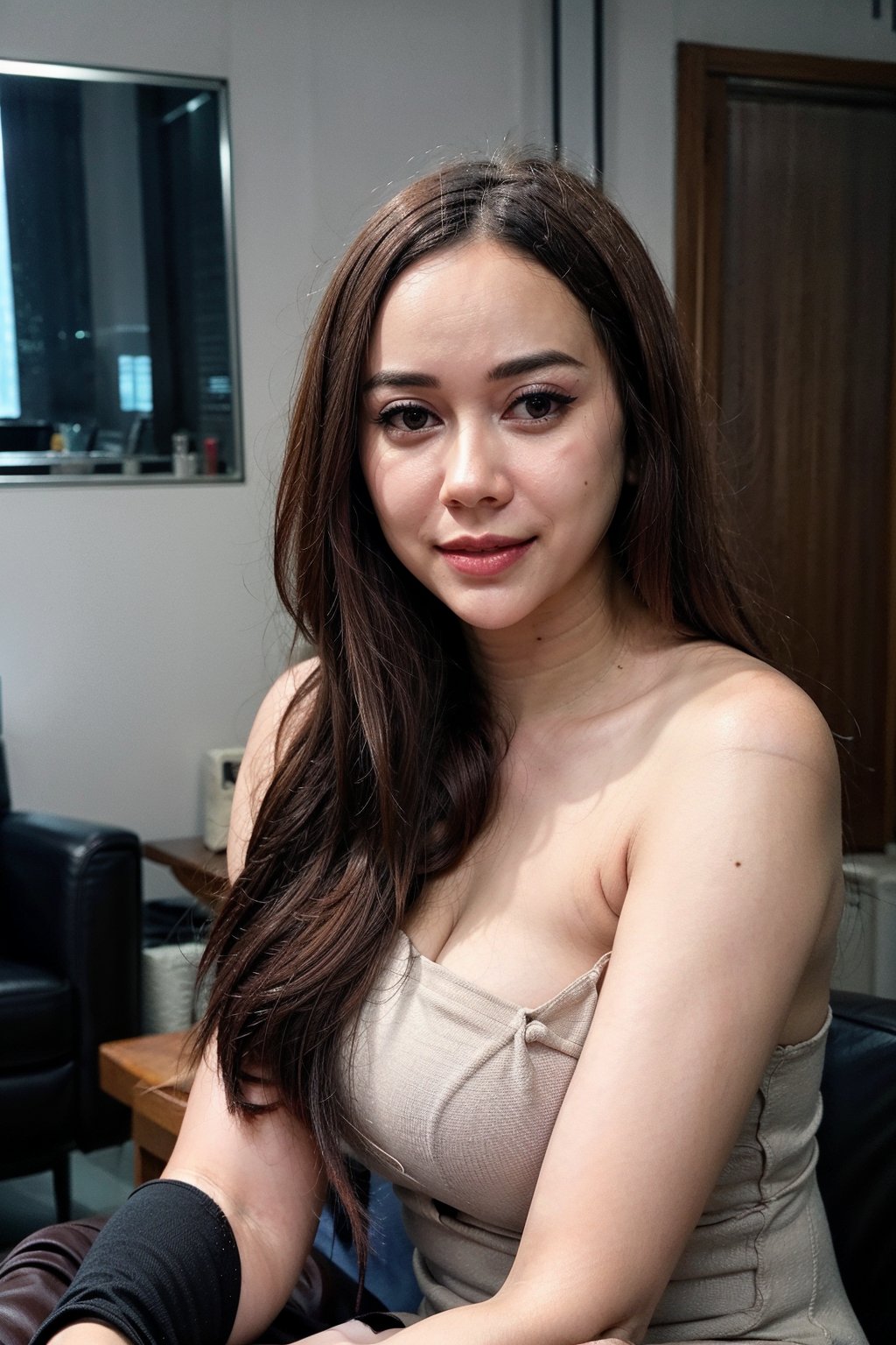 28 Years Old , Exotic Face , Detailed Body , Detailed Face , Perfect Makeup , Best Quality , Female , Look at Viewer , Pattern Slip Dress , Gorgeous , ((Long Hair)) , The Modern Futuristic Living Room Background , ((Centre:1.1)) , Sleeveless , Broken Heart Face Expression , Perfect Lighting , ((Perfect Potrait)) , (Bokeh), smile