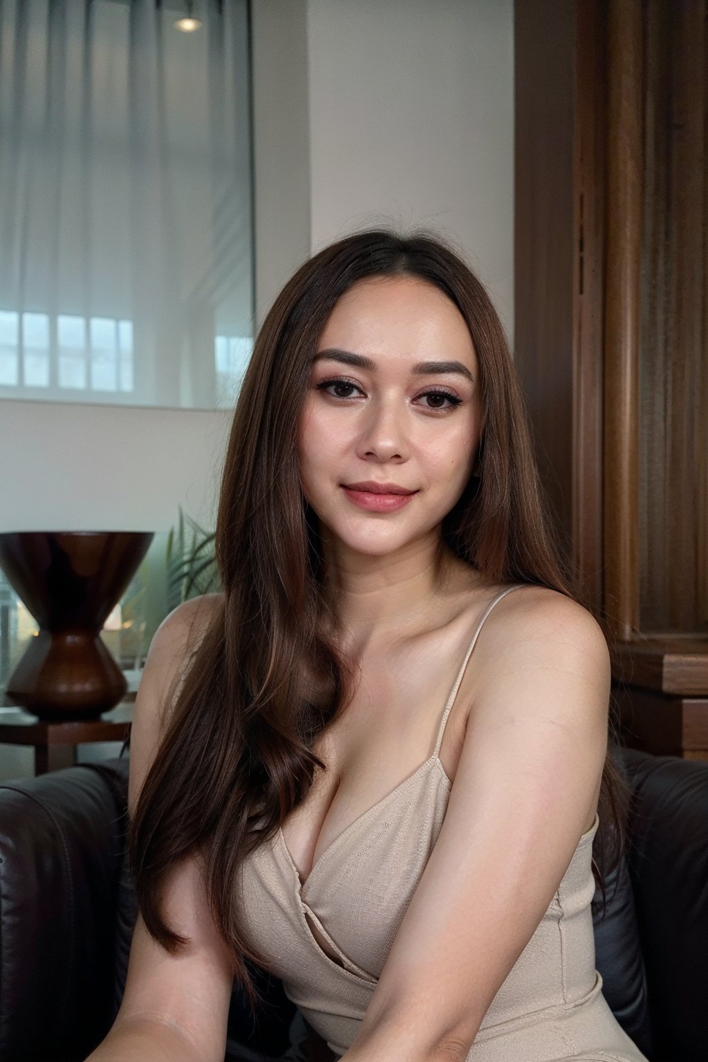 20 Years Old , Exotic Face , Detailed Body , Detailed Face , Perfect Makeup , Best Quality , Female , Look at Viewer , Pattern Slip Dress , Gorgeous , ((Long Hair)) , The Modern Futuristic Living Room Background , ((Centre:1.1)) , Sleeveless , Broken Heart Face Expression , Perfect Lighting , ((Perfect Potrait)) , (Bokeh), smile