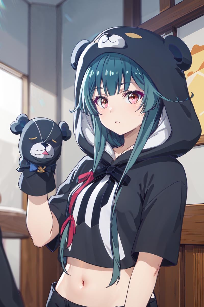 masterpiece, best quality, ultra-detailed, glistening shiny, glowing light, ray tracing, HDR, deph of field, (perfect face, detailed face), <lora:KumaYuna:1>, kumayuna, long hair, sidelocks, black bear costume, black bear hood, bear gloves, crop top, shorts,