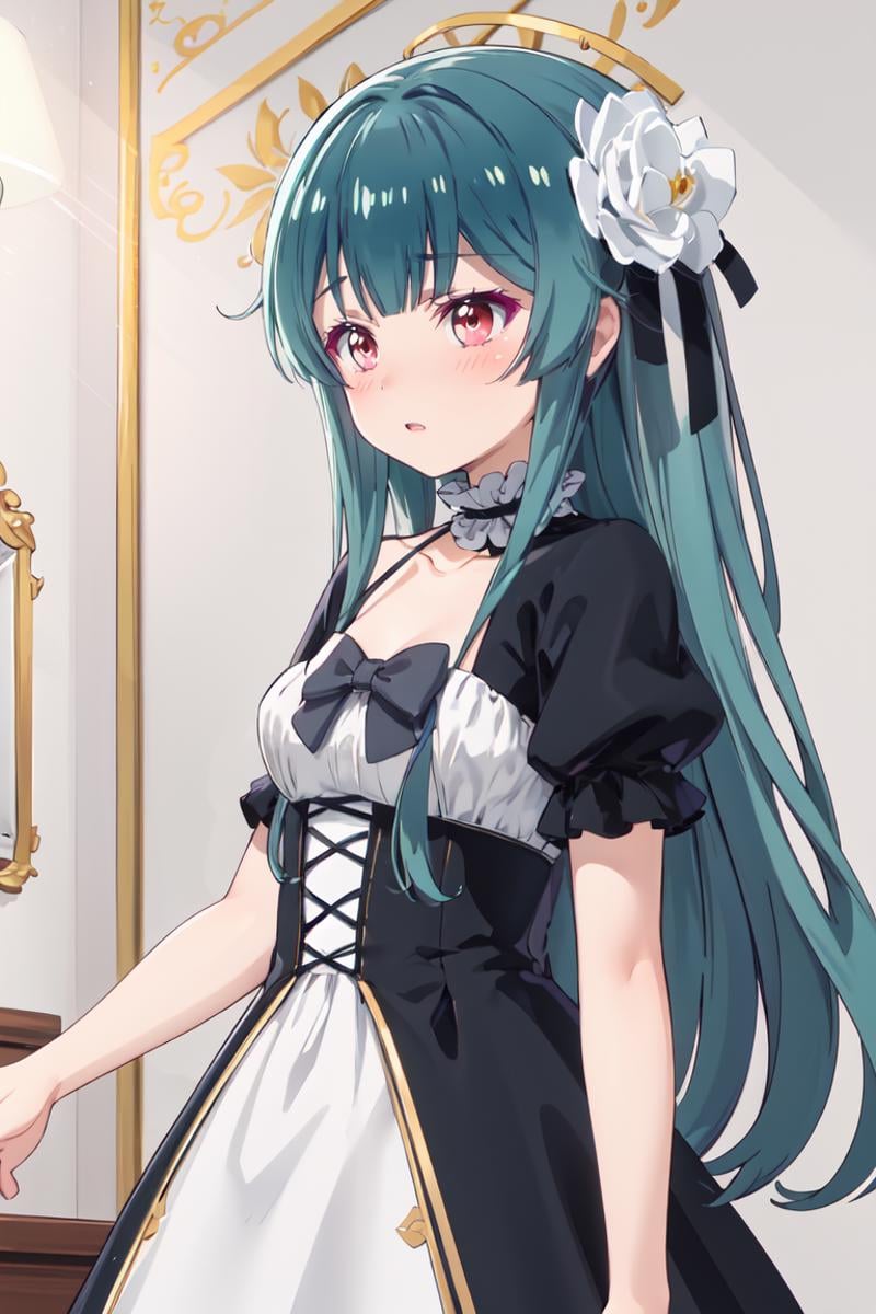 masterpiece, best quality, ultra-detailed, glistening shiny, glowing light, ray tracing, HDR, deph of field, (perfect face, detailed face), <lora:KumaYuna:1>, kumayuna, long hair, sidelocks, nose blush, embarased,  black bowtie, black dress, frilled choker, frills, flowe hair ornament, short sleeves, standing