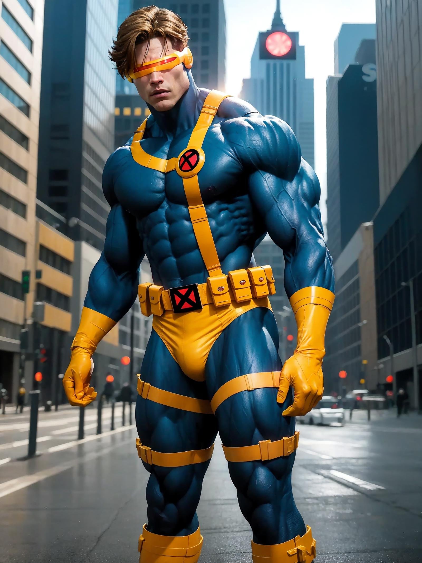 athletic male twunk, xmen_cyclops, (solo:1.1), blue bodysuit, yellow chest harness, yellow visor, yellow belt, yellow gloves, yellow boots, yellow briefs, bulge, standing, city in background,  <lora:Cyclops-09:0.9>