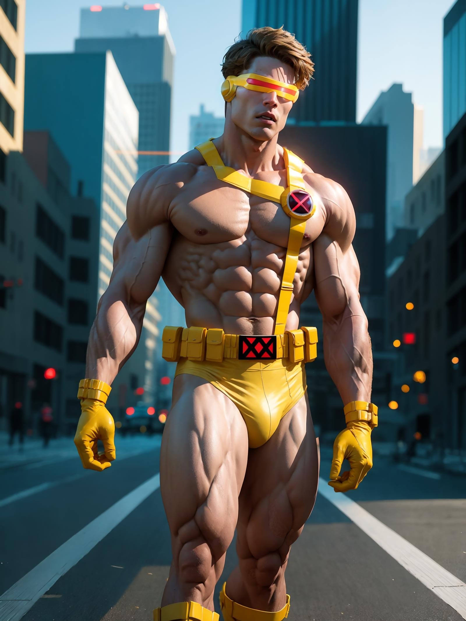 athletic male twunk, xmen_cyclops, (solo:1.1), (nude:1.2), yellow chest harness, yellow visor, yellow belt, yellow gloves, yellow boots, yellow briefs, standing, city in background, <lora:Cyclops-09:1>