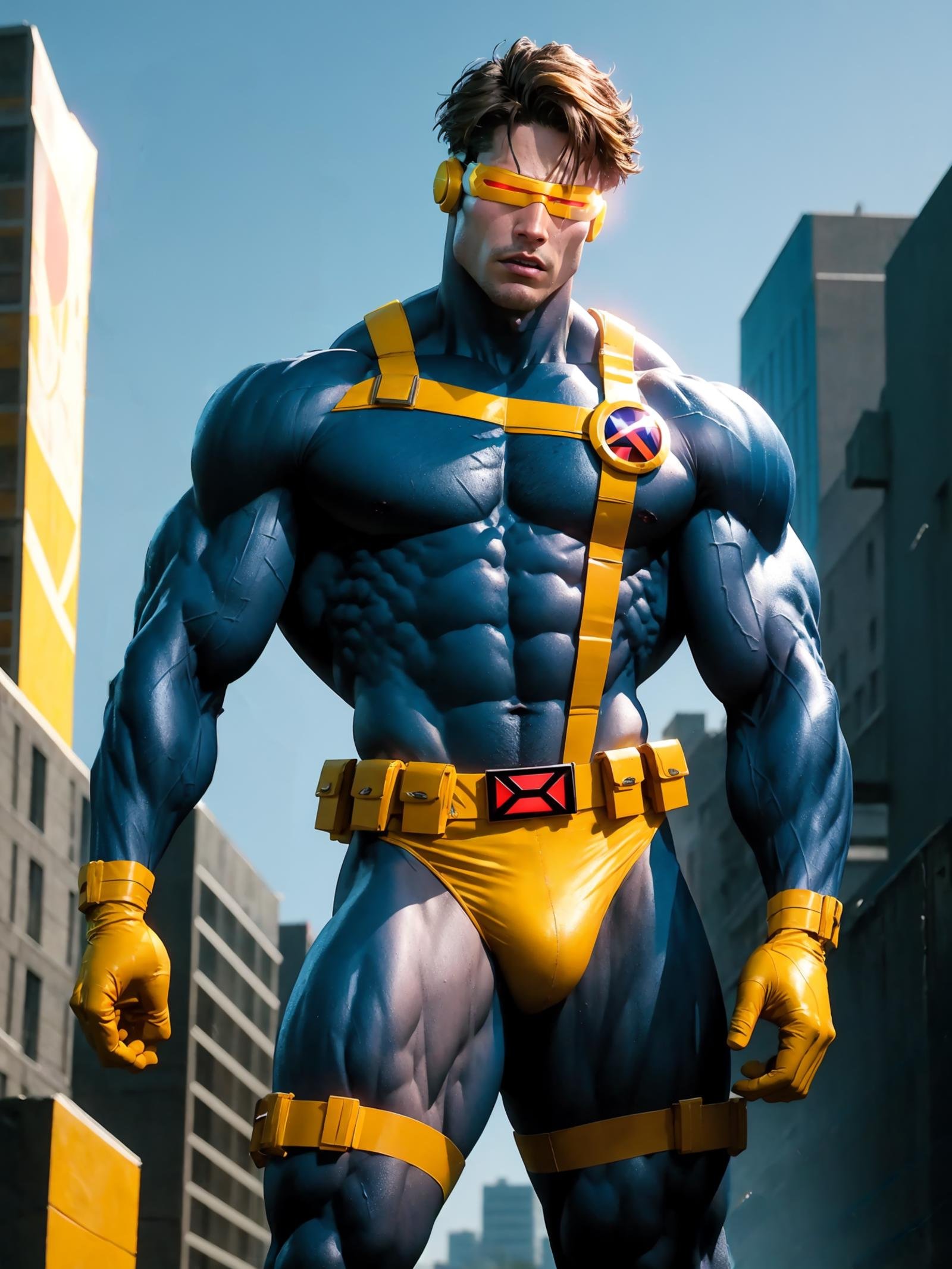 athletic male twunk, xmen_cyclops, (solo:1.1), yellow chest harness, yellow visor, yellow belt, yellow gloves, yellow boots, yellow briefs, standing, city in the background, <lora:Cyclops-09:0.9>