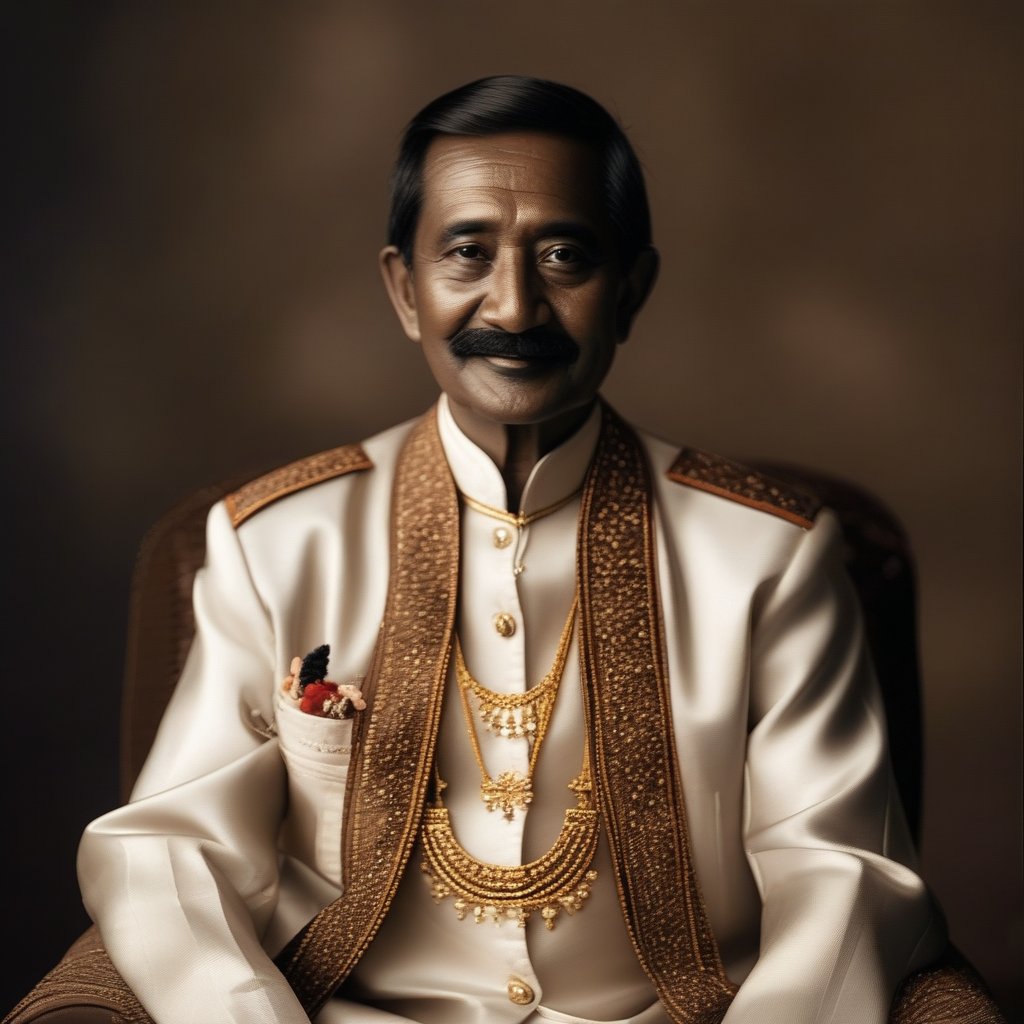 A detailed, old-fashioned portrait of an Indian president, captured in a traditional studio setting. The president is seated in a stately pose, wearing formal attire with a presidential sash. The lighting is soft and focused, highlighting the intricate details of the clothing and the dignified expression. The composition is centered, with a neutral background to emphasize the subject's authoritative presence.