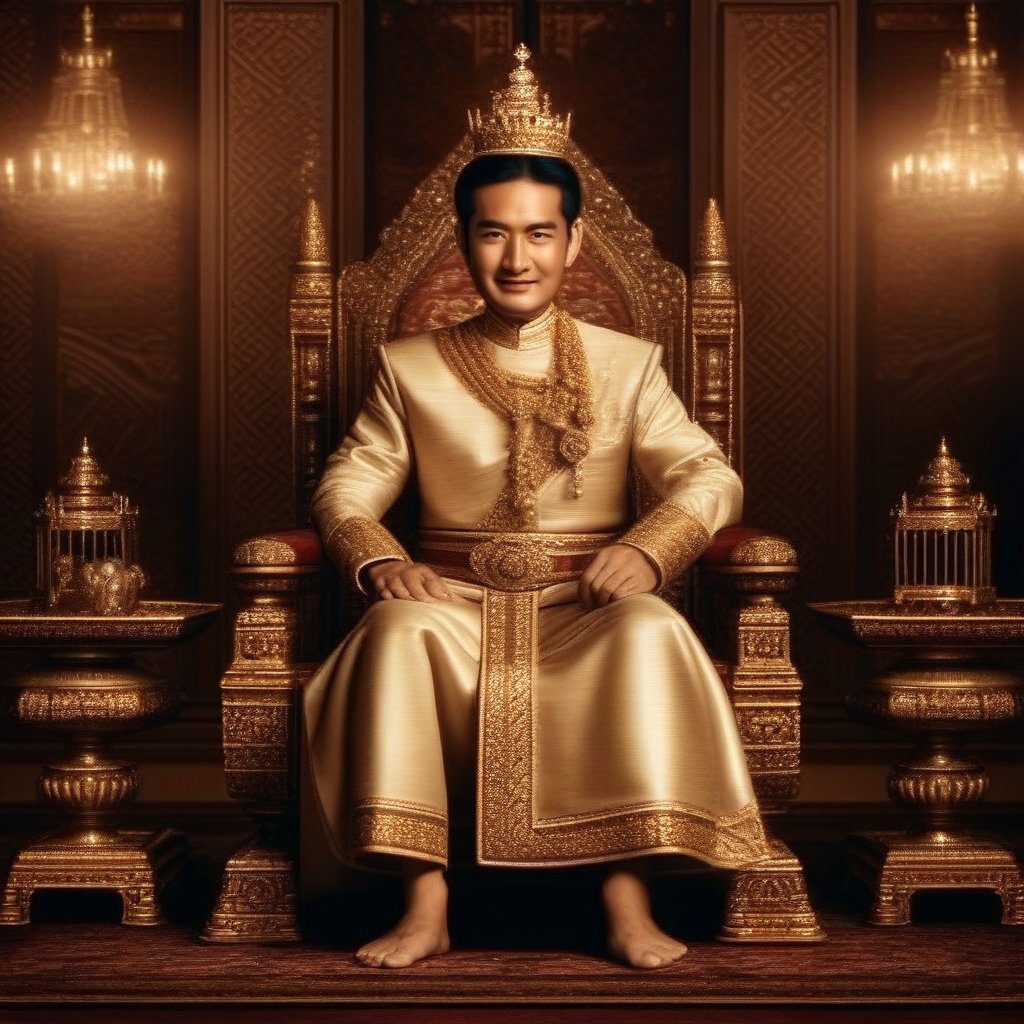 A majestic portrait of a Thailand king, depicted in a traditional, royal setting. The king is seated on a throne, dressed in ceremonial attire with a royal sash and a crown, exuding regal authority. His pose is composed and dignified, with a calm yet commanding expression. The lighting is soft and regal, highlighting the intricate details of his attire and the opulent surroundings. The composition is centered, with a lavish, ornate background that reflects his high status and timeless elegance.