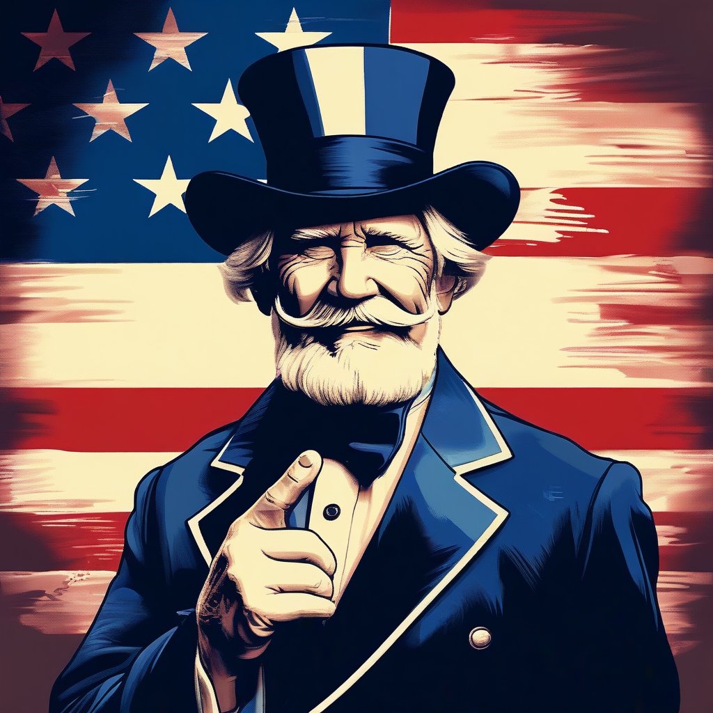 A striking portrait of Uncle Sam, the iconic symbol of the United States, rendered in a classic, patriotic style. Uncle Sam is standing tall and stern, dressed in a star-spangled suit with a top hat, his finger pointing directly at the viewer. The lighting is bright and focused, highlighting his stern expression and the detailed textures of his clothing. The composition is centered, with a simple, patriotic background that emphasizes his authoritative and resolute presence.