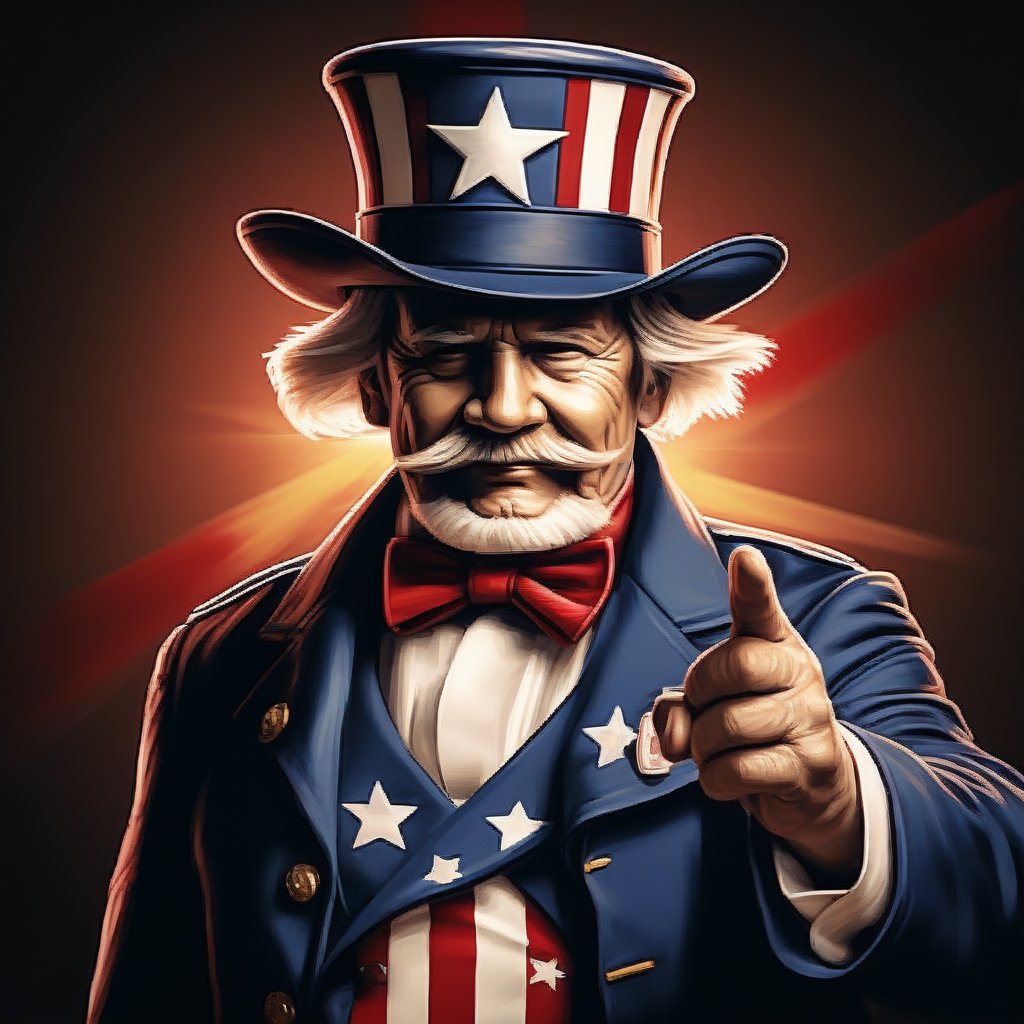 A striking portrait of Uncle Sam, the iconic symbol of the United States, rendered in a classic, patriotic style. Uncle Sam is standing tall and stern, dressed in a star-spangled suit with a top hat, his finger pointing directly at the viewer. The lighting is bright and focused, highlighting his stern expression and the detailed textures of his clothing. The composition is centered, with a simple, patriotic background that emphasizes his authoritative and resolute presence.