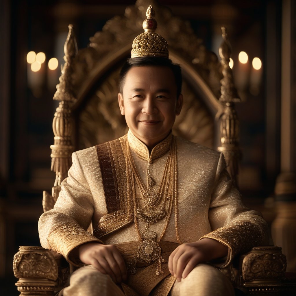 A majestic portrait of a Thailand king, depicted in a traditional, royal setting. The king is seated on a throne, dressed in ceremonial attire with a royal sash and a crown, exuding regal authority. His pose is composed and dignified, with a calm yet commanding expression. The lighting is soft and regal, highlighting the intricate details of his attire and the opulent surroundings. The composition is centered, with a lavish, ornate background that reflects his high status and timeless elegance.