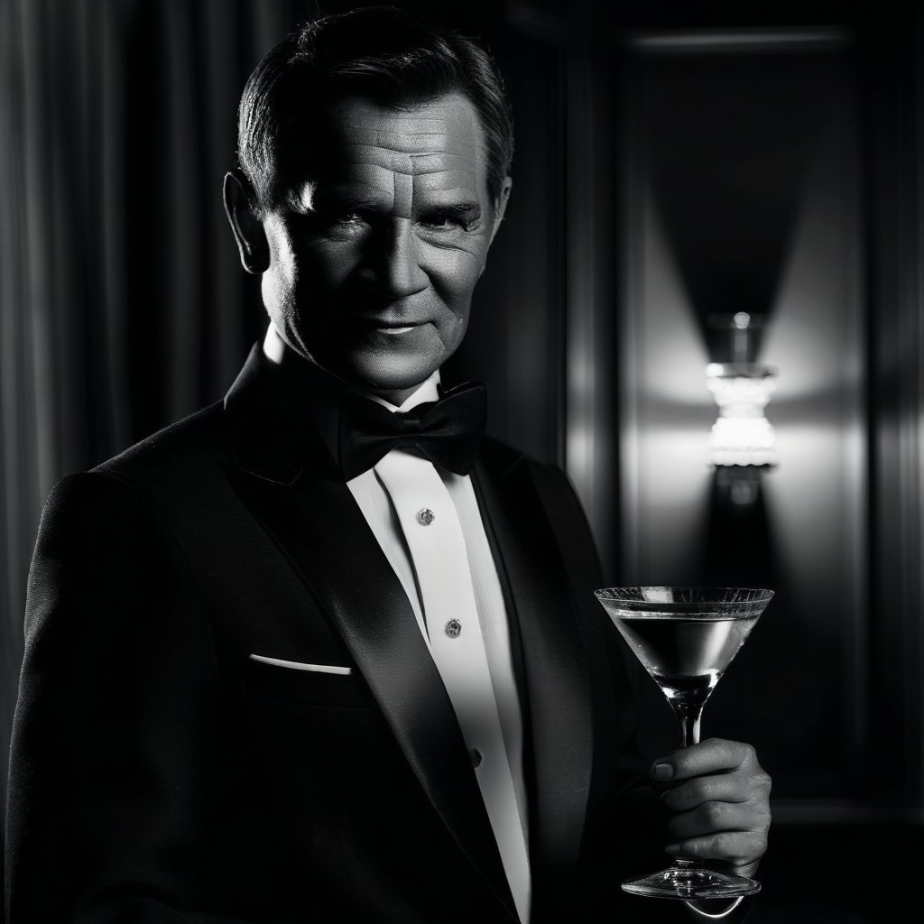 A vintage-style portrait of James Bond, depicted in a classic, film-noir ambiance. Bond is standing with a confident, suave demeanor, dressed in a tailored tuxedo, complete with a bow tie and a martini glass in hand, tilted to the side. The lighting is dramatic, with shadows accentuating his sharp features and the iconic Bond charm. The composition is dynamic, capturing him in mid-stride, with a sophisticated, dimly lit backdrop that hints at his mysterious and adventurous life.