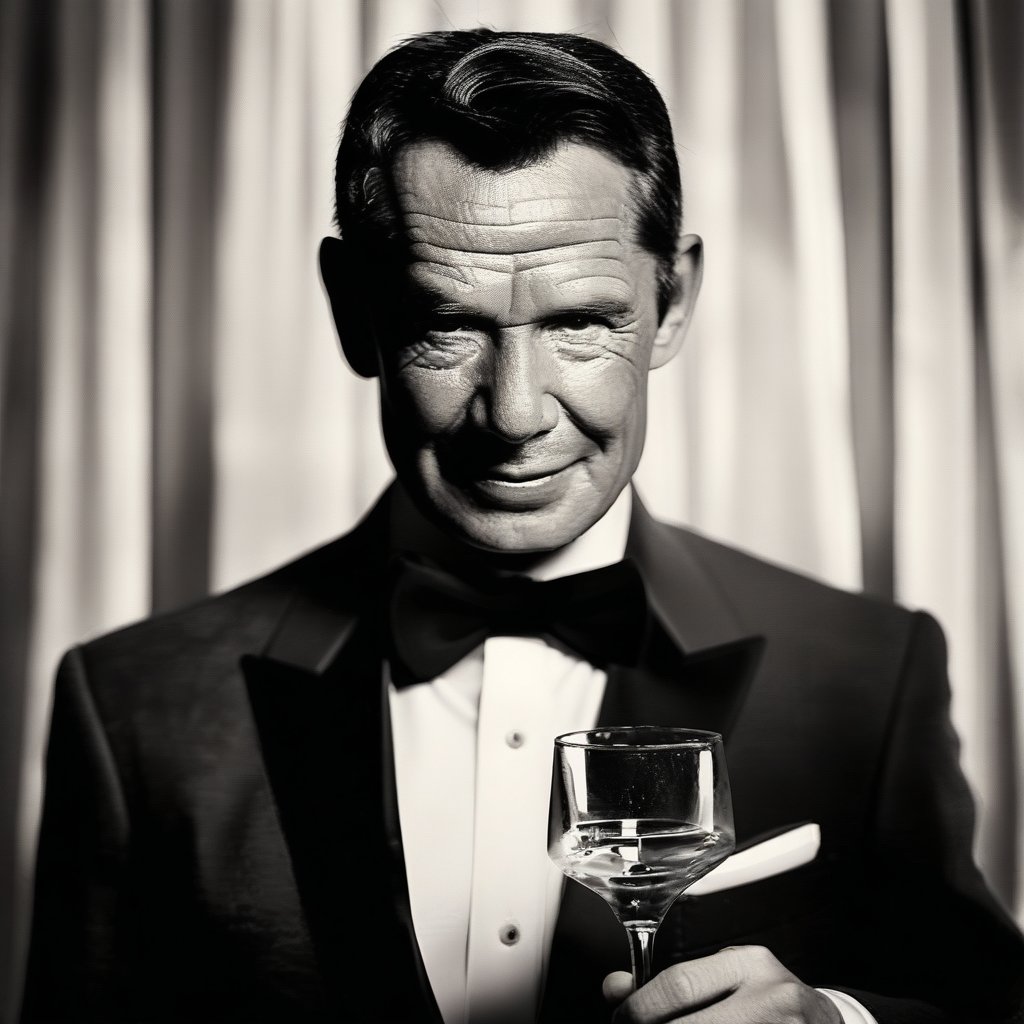 A vintage-style portrait of James Bond, depicted in a classic, film-noir ambiance. Bond is standing with a confident, suave demeanor, dressed in a tailored tuxedo, complete with a bow tie and a martini glass in hand, tilted to the side. The lighting is dramatic, with shadows accentuating his sharp features and the iconic Bond charm. The composition is dynamic, capturing him in mid-stride, with a sophisticated, dimly lit backdrop that hints at his mysterious and adventurous life.