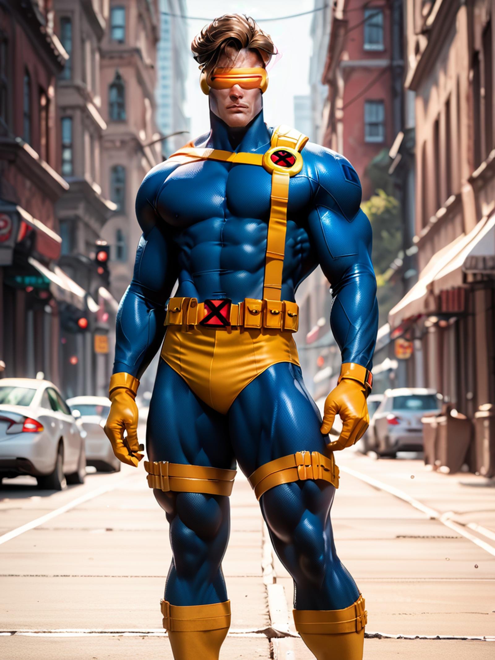 score_9, score_8_up, score_7_up, score_6_up, score_5_up, score_4_up, athletic male, xmen_cyclops, visor,  blue bodysuit, yellow chest harness, yellow belt, yellow gloves, yellow briefs, yellow boots, standing, day, full body shot, city in background, handsome face, photorealistic, 8k, masterpiece, <lora:Cyclops_-_X-men:1>