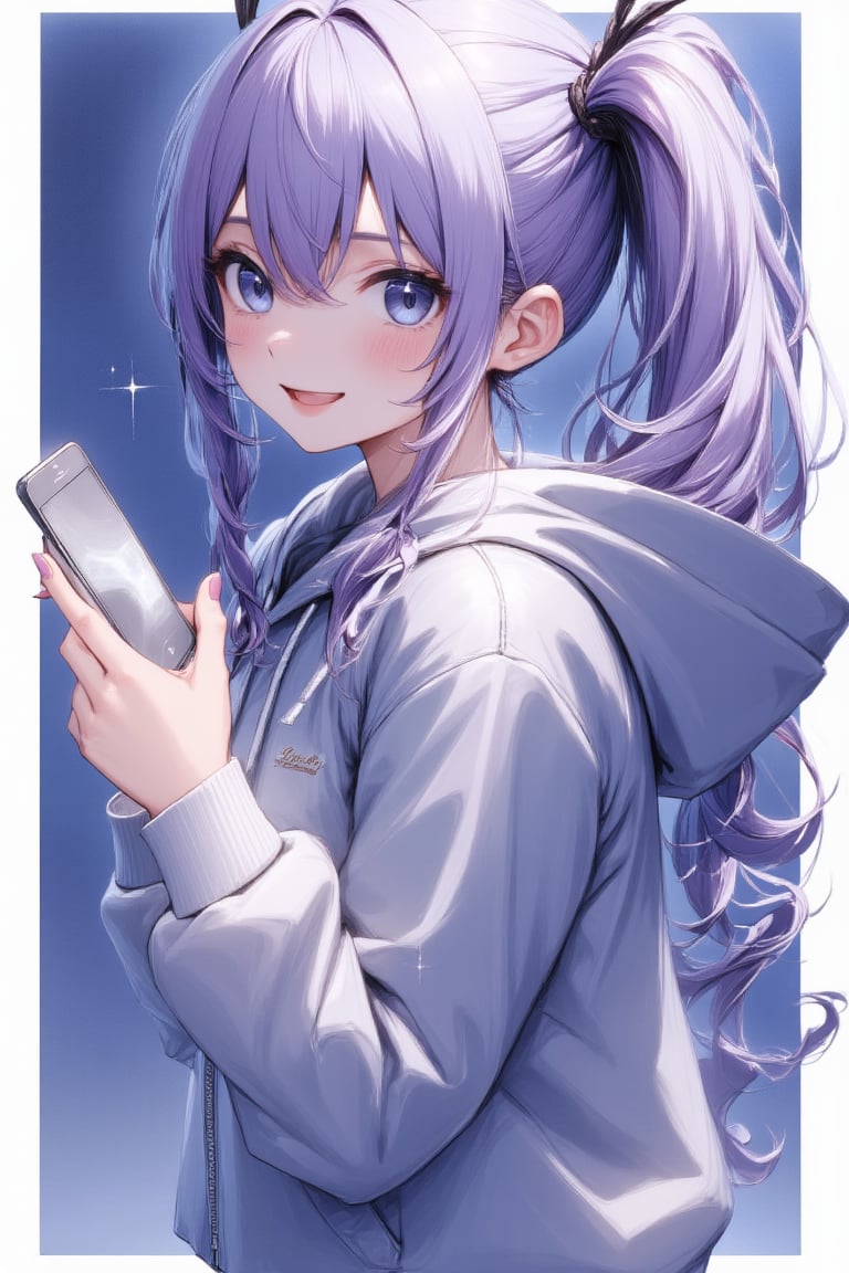 1girl, solo, long hair, looking at viewer, blush, smile, bangs, blue eyes, long sleeves, holding, twintails, closed mouth, blue hair, purple eyes, upper body, ponytail, purple hair, sidelocks, looking back, hood, fingernails, hands up, sparkle, hoodie, blue background, phone, hood down, cellphone, smartphone, white border, pink nails, holding phone