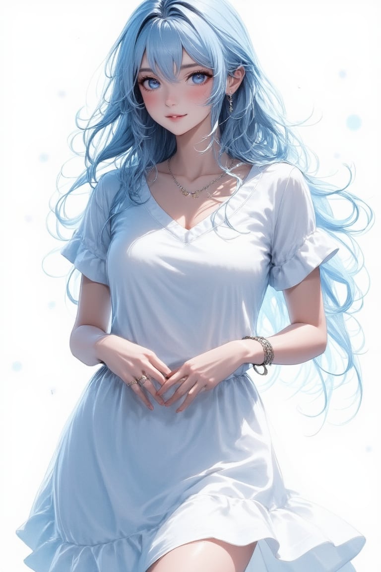 Beautiful girl. She is very charming, she wears a very casual dress. Detailed image, detailed skin, upper body, hands in waist, looking at viewer, charming smile. White background, water drop, ((masterpiece: 1.2)), light particles, ink droplets in background, light blue hair.