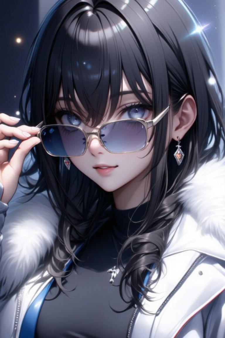 1girl, solo, long hair, looking at viewer, very badass girl, bangs, blue eyes, black hair, jewelry, jacket, upper body, sidelocks, earrings, parted lips, fur trim, black shirt, sunglasses, white jacket, zipper, looking over eyewear, ((masterpiece: 1.2)), light particles, stunning image, attractive image, digital art, professional style, anime style