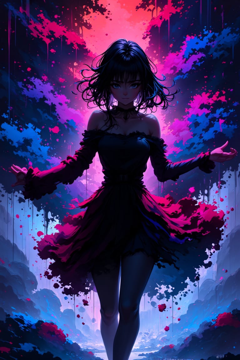 1girl, silhouette, ink bubbles in background, she dances in a sea of inky stars, looking at viewer, ink rain, stunning image, ink smoke, digital art, professional style, loiking at viewer, upper body, anime likes silhouette, ((masterpiece quality: 2)), ink droplets, attractive image. Ink art style.