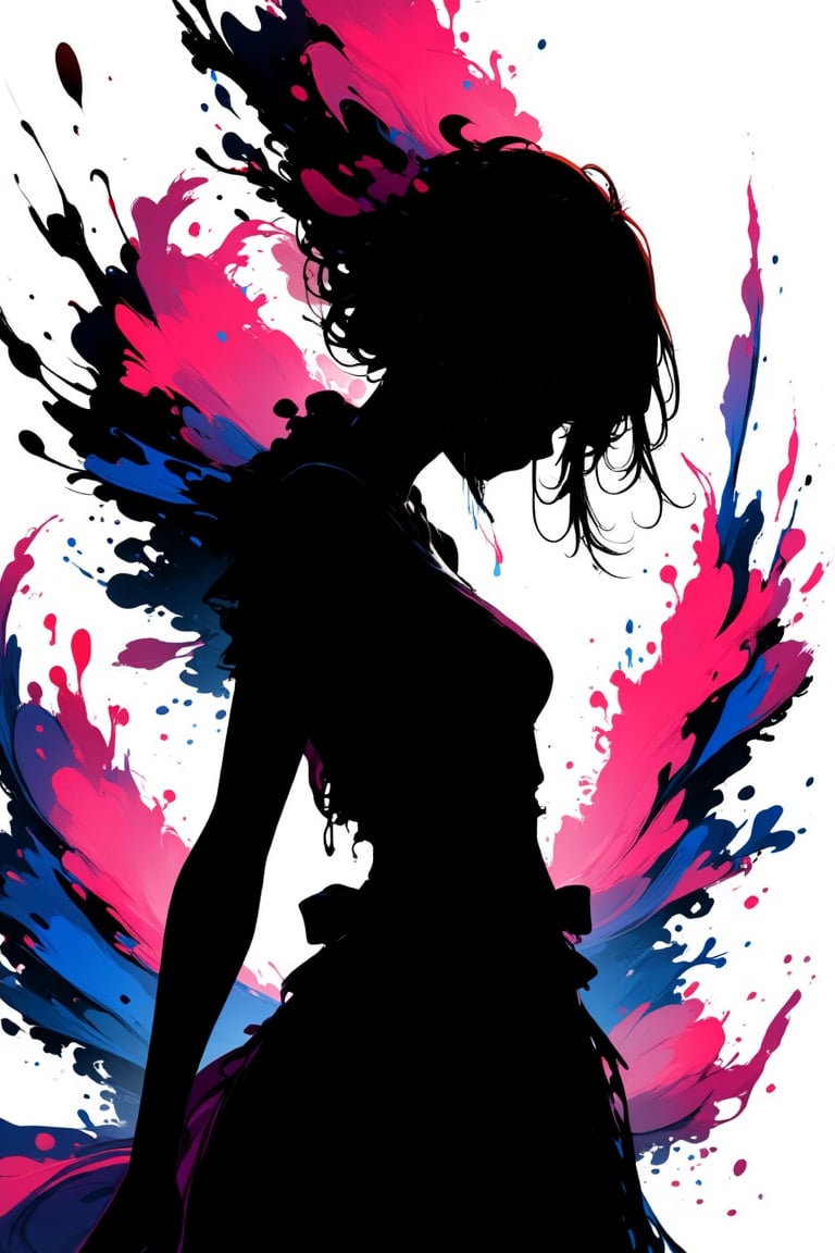 1girl, silhouette, ((ink brushstrokes in background: 2)), colorful ink brushstrokes behind, looking at viewer, upper body, dynamic brushstrokes, masterpiece quality, stunning image, anime aesthetics, INK,Ink art style