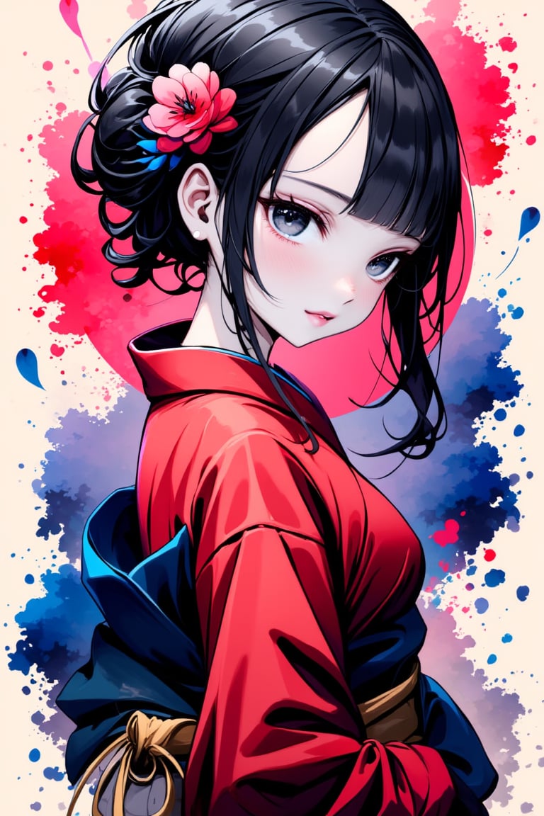 1girl, anime girl, solo, looking at viewer, colorful ink in background, ((colorful ink splash: 2)), ink everyehere, black hair, hair ornament, upper body, flower, japanese clothes, hair flower, kimono, black eyes, from side, sash, makeup, obi, lipstick, pale skin, eyeshadow, red lips, hair stick, red kimono, kanzashi, ((masterpiece: 2)), stunning image, Ink art style