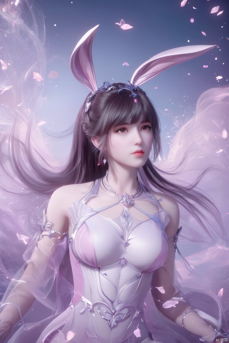 1 girl,In the flowers,rabbit ears,earrings,eyelashes,a charming face,glowing lips,clavicle,shoulder exposure,floating petals,dreamy and beautiful,bikini,medium breasts,cleavge,(upper_body:1.6),(masterpiece, top quality, best quality, official art, beautiful and aesthetic:1.2),xwhd