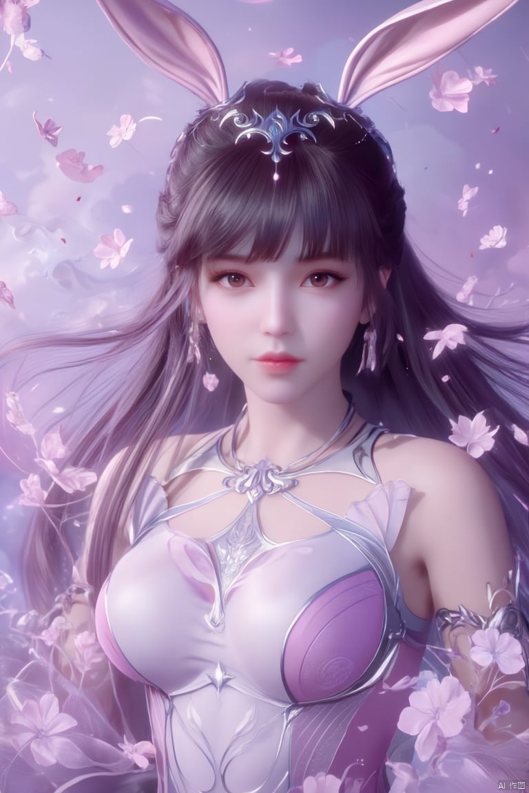 1 girl,In the flowers,rabbit ears,earrings,eyelashes,a charming face,glowing lips,clavicle,shoulder exposure,floating petals,dreamy and beautiful,bikini,medium breasts,cleavge,(upper_body:1.6),(masterpiece, top quality, best quality, official art, beautiful and aesthetic:1.2),xwhd