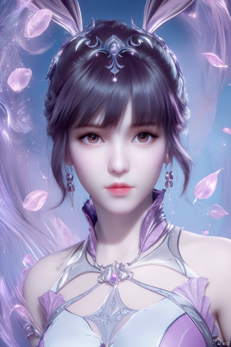 1 girl,In the flowers,rabbit ears,earrings,eyelashes,a charming face,glowing lips,clavicle,shoulder exposure,floating petals,dreamy and beautiful,bikini,medium breasts,cleavge,(upper_body:1.6),(masterpiece, top quality, best quality, official art, beautiful and aesthetic:1.2),xwhd