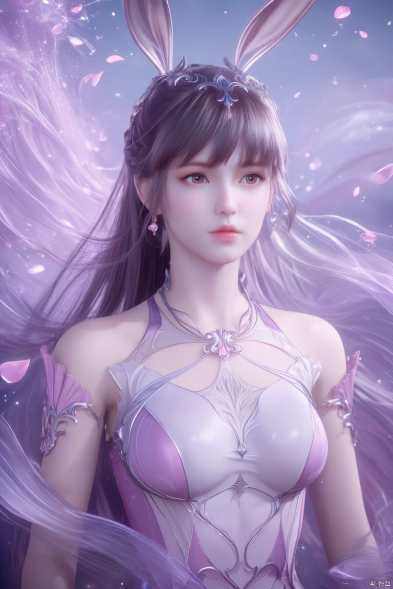 1 girl,In the flowers,rabbit ears,earrings,eyelashes,a charming face,glowing lips,clavicle,shoulder exposure,floating petals,dreamy and beautiful,bikini,medium breasts,cleavge,(upper_body:1.6),(masterpiece, top quality, best quality, official art, beautiful and aesthetic:1.2),xwhd