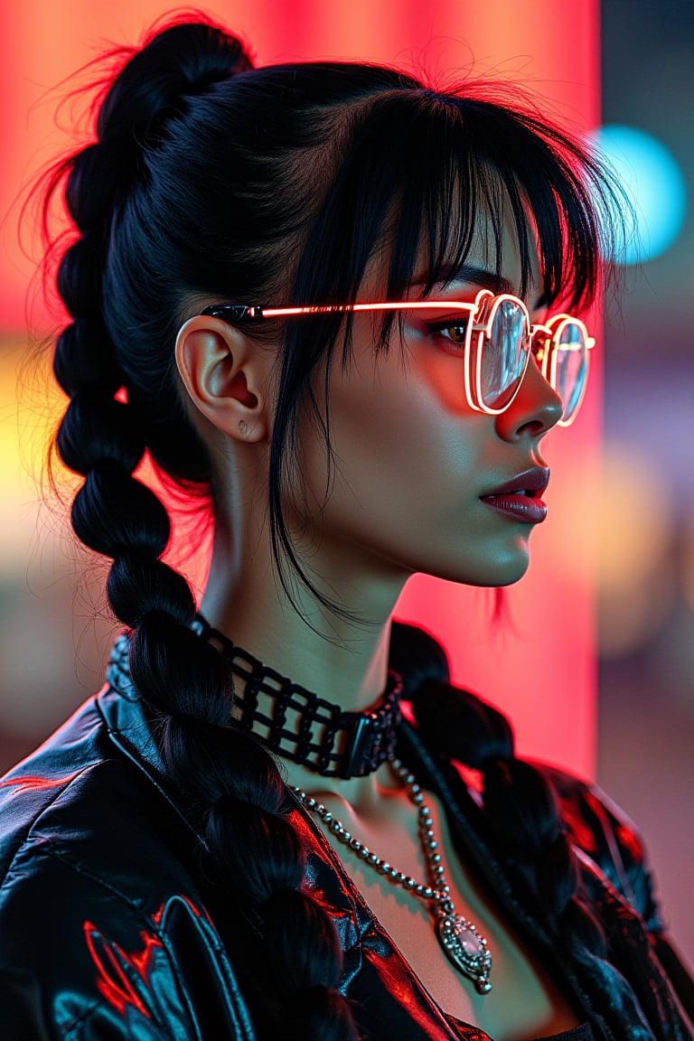 futurediff, archi-retro-style, cyborg, robot, Vintage Anime Scene, (cyberpunk girl like a samurai in the style of Conrad Roset, Nicola Samori), ultra realistic, (arbitrarily beautiful:1.4), full body, sexy female, (shiny black hair, long braids, neon glasses),jisosmile,