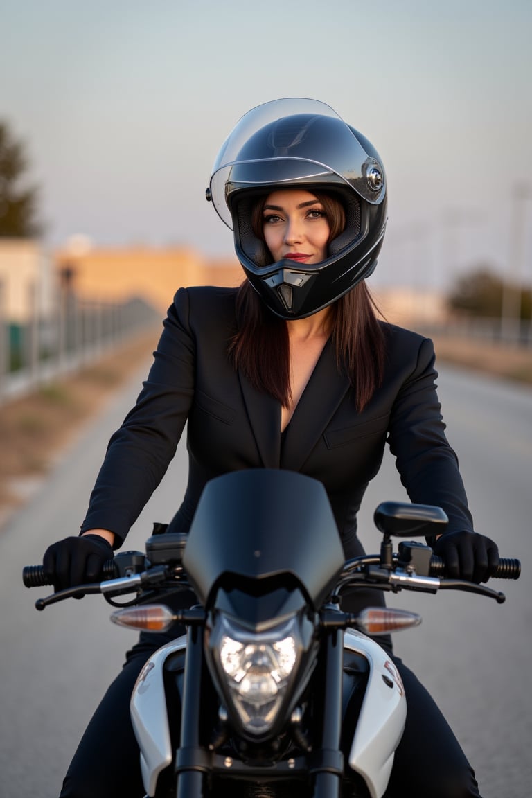 gorgeous woman, wearing a full face helmet, motorcycle