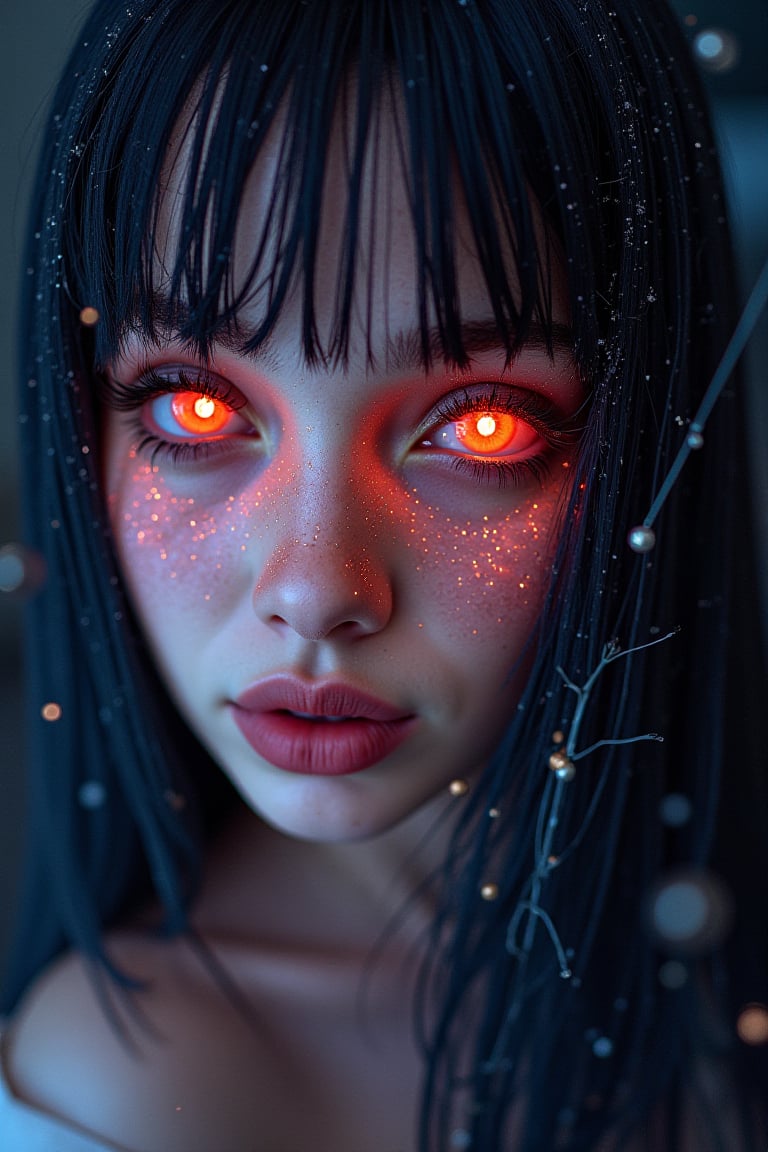 Portrait style, realism, hyper realistic, photography, oil painting, blurry effect, dynamic movement poses, . ( Best quality, 4K, 8K, high-resolution, masterpiece, ultra-detailed, photorealistic, a close up of a woman's face with black and white hair, glowing eyes, and lots of glitter, 1girl, long hair, red eyes, jewelry, black hair, blurry, eyelashes, lips, colored skin, depth of field, straight hair, cosmic background, portrait, gem, silver skin. ), . . Digital illustration, Digital Painting, digital art style, full body, fantasy detailers, more details, oil painting effect, fantasy art style,