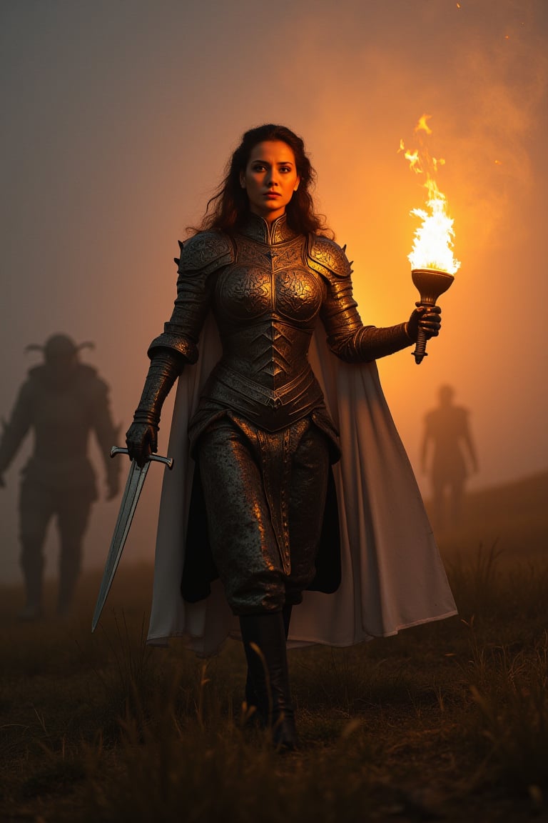 Cinematic portrait of a fearless medieval warrior woman, her determined gaze illuminating the foreboding darkness as she strides across the desolate landscape, fire torch ablaze in her steady hand. Intricate armor patterns gleam amidst misty veil, while hints of malevolent demons lurk in shadows, their dark silhouettes contrasting with warm golden light. Soft idyllic background whispers ancient mysticism, as warrior's resolute stride cuts through the eerie atmosphere. More detailing. Perfect fingers,