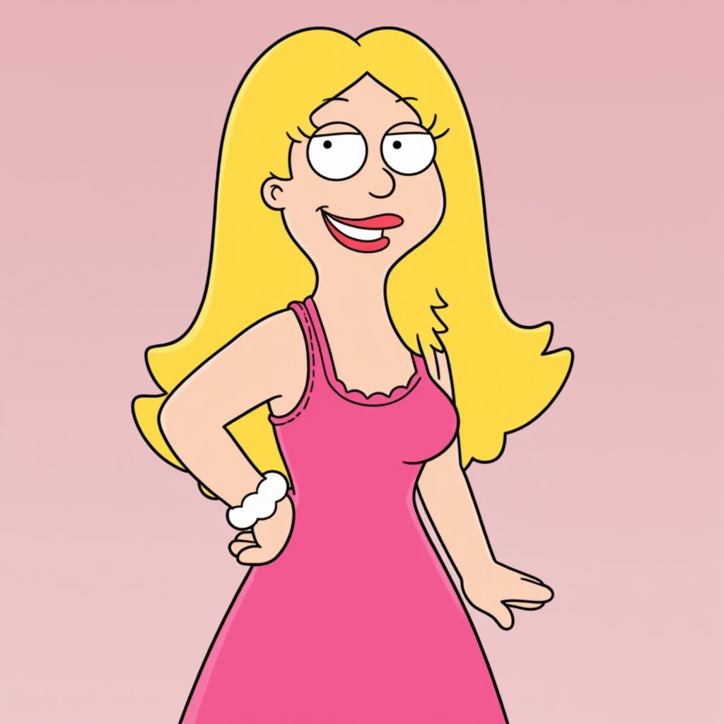 Francine,Pink dress,White bracelet,Art style of American dad,Long hair,Blonde hair,White bracelet 