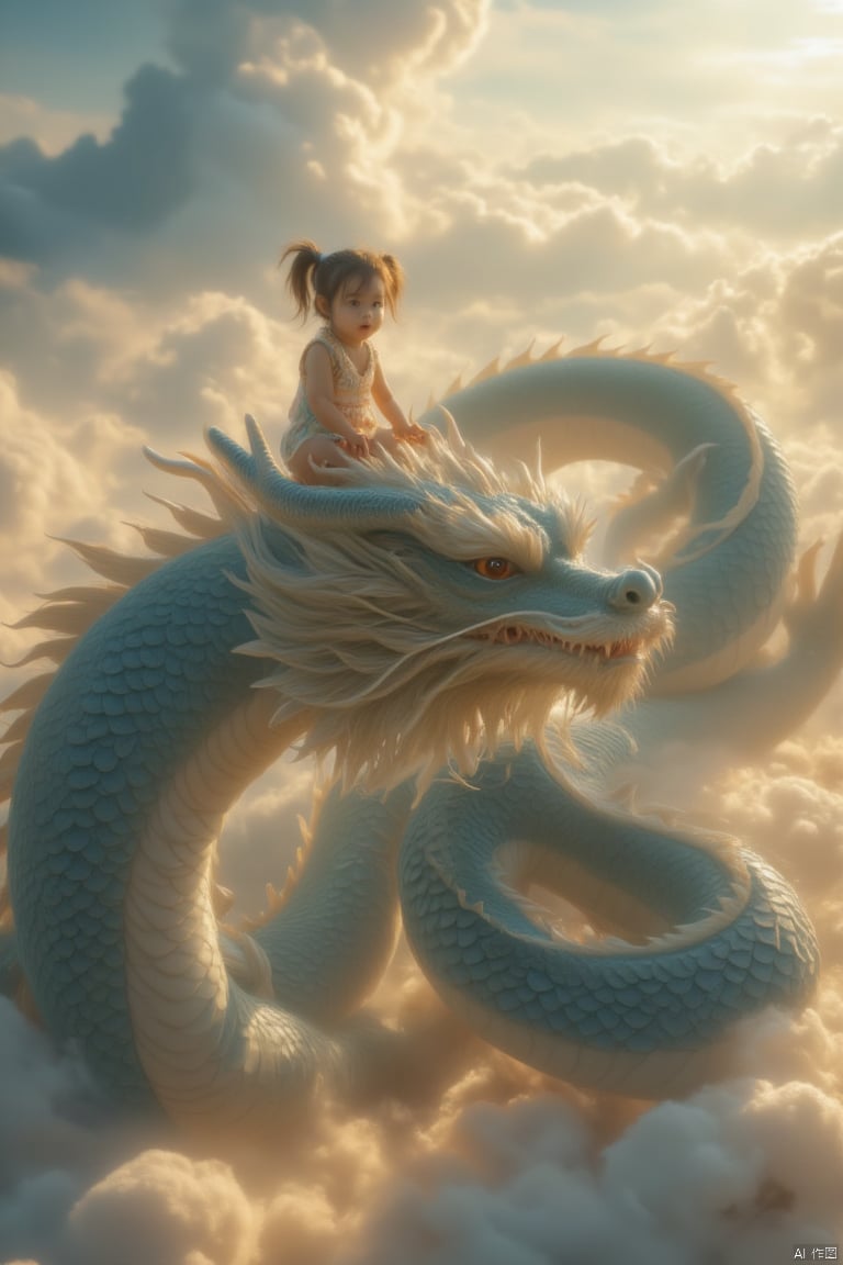 A whimsical scene unfolds above a wispy cloud layer. A petite girl, no more than five years old, sits perched atop the majestic back of a Chinese dragon. The enormous serpentine body stretches out in all directions, its scales glistening in warm sunlight that filters through the clouds. The little girl's tiny hands grasp the dragon's scaly neck as she gazes up at the viewer with wide eyes, her pigtails blowing gently in the breeze.,loong,young girl,Felt style