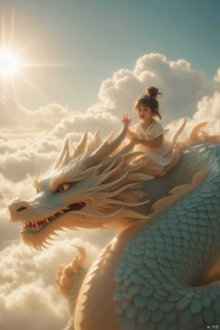 A whimsical scene unfolds above a wispy cloud layer. A petite girl, no more than five years old, sits perched atop the majestic back of a Chinese dragon. The enormous serpentine body stretches out in all directions, its scales glistening in warm sunlight that filters through the clouds. The little girl's tiny hands grasp the dragon's scaly neck as she gazes up at the viewer with wide eyes, her pigtails blowing gently in the breeze.,loong,young girl,Felt style