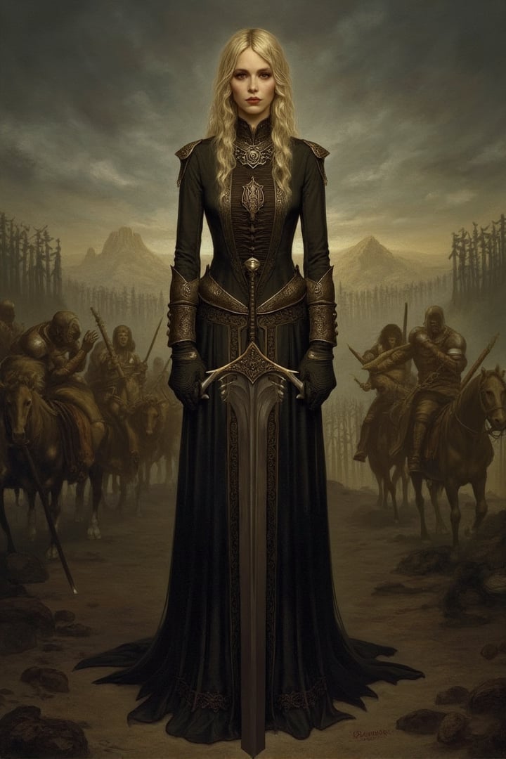 a woman, holding a sword, middle-earth war scene in the background, newhorrorfantasy_style