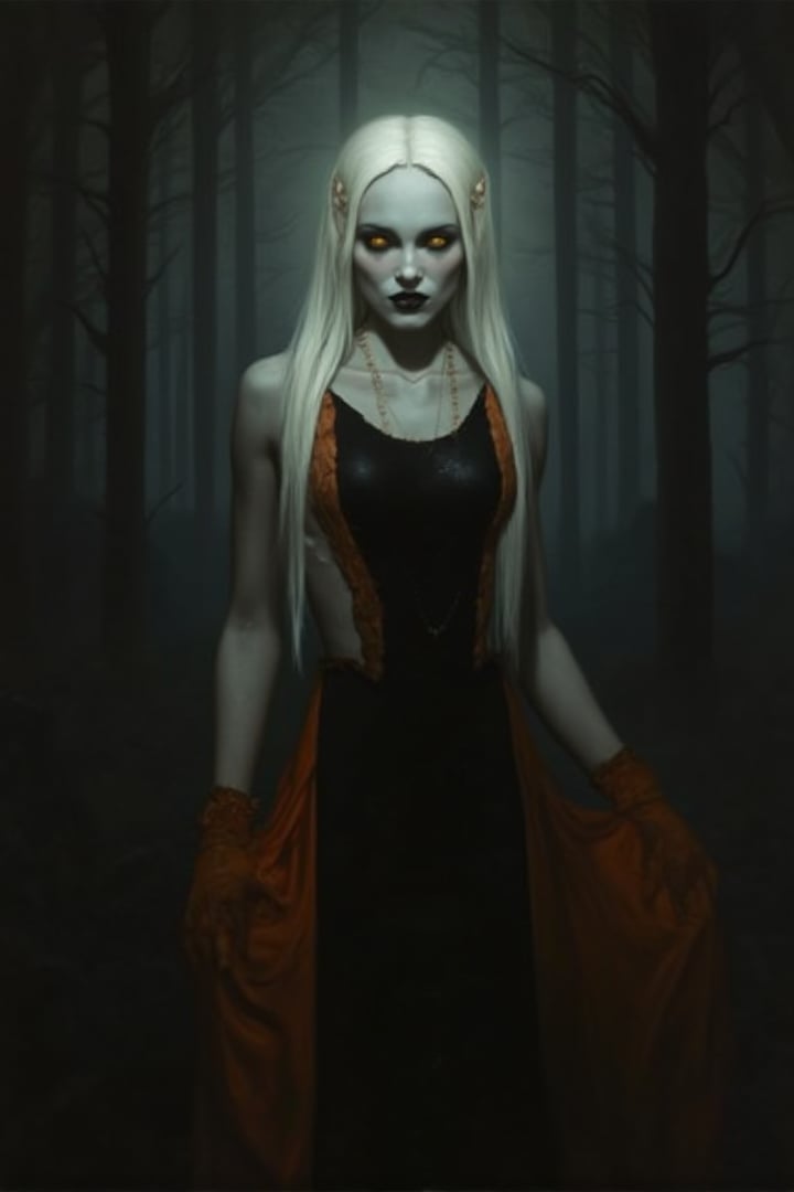 a female creature of the night, looms sexy in the shadows, pale skin color, yellow eyes, long white hair, black lipstick, wearing a black and orange sleek dress, dark aura, deep forest in the background, newhorrorfantasy_style