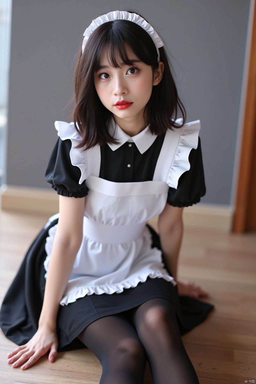 A realistic, photorealistic image of a solo girl with medium-length black hair and black eyes, wearing a maid apron and black thigh-highs, sitting on the floor with her gaze looking directly at the viewer. The scene is set indoors, with a blurry background that adds depth to the image. The girl's attire includes a frilled black dress, red lips, and no shoes, with short sleeves and a full body visible. The image showcases a realistic style, emphasizing the depth of field and the maid's wariza expression.