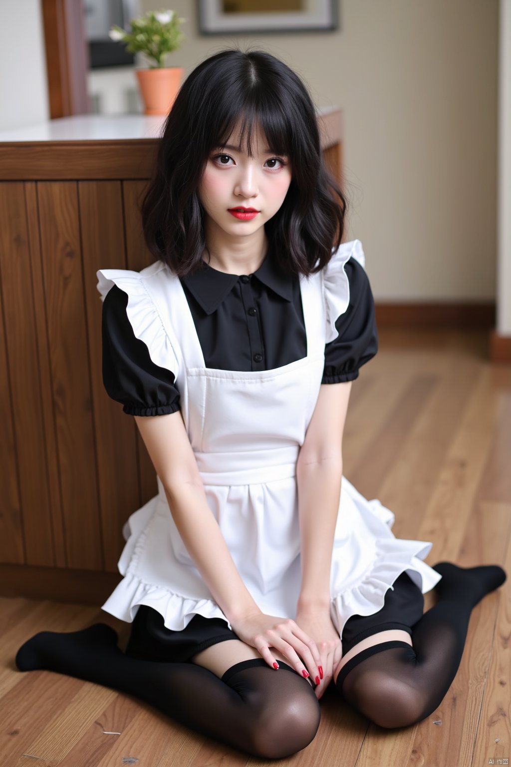 A realistic, photorealistic image of a solo girl with medium-length black hair and black eyes, wearing a maid apron and black thigh-highs, sitting on the floor with her gaze looking directly at the viewer. The scene is set indoors, with a blurry background that adds depth to the image. The girl's attire includes a frilled black dress, red lips, and no shoes, with short sleeves and a full body visible. The image showcases a realistic style, emphasizing the depth of field and the maid's wariza expression.