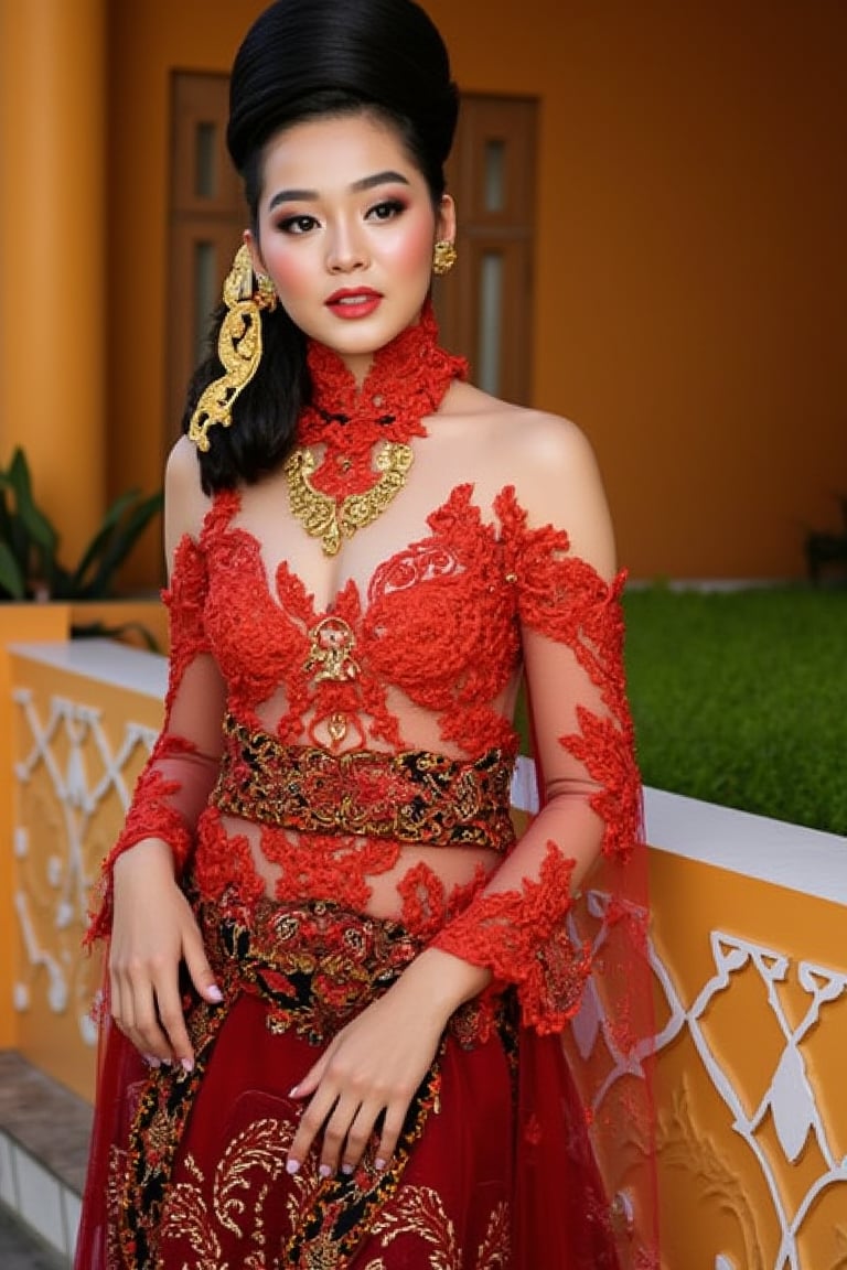 A stunning scene unfolds as one Korean girl pose against the vibrant backdrop of a Javanese house. wear a unique yet harmonious assortment of see-through kebaya, featuring deep V-necklines, long skirts, and sleeveless designs that showcase their toned physiques. The models' hair is tied up in elegant buns, adorned with intricate ornaments that add to the overall opulence. The camera zooms in on each girl's face, highlighting their porcelain-like skin, flawless features, and piercing eyes that seem almost too beautiful to be real. The scene is bathed in a warm, golden light, accentuating the girl curves and creating a sense of intimacy, looking on viewer, perfect hads, front body view, 1 girl.