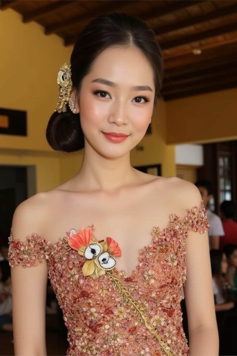 A stunning scene unfolds as one Korean girl pose against the vibrant backdrop of a Javanese house. wear a unique yet harmonious assortment of see-through kebaya, featuring deep V-necklines, long skirts, and sleeveless designs that showcase their toned physiques. The models' hair is tied up in elegant buns, adorned with intricate ornaments that add to the overall opulence. The camera zooms in on each girl's face, highlighting their porcelain-like skin, flawless features, and piercing eyes that seem almost too beautiful to be real. The scene is bathed in a warm, golden light, accentuating the girl curves and creating a sense of intimacy, looking on viewer, perfect hads, front body view, 1 girl.