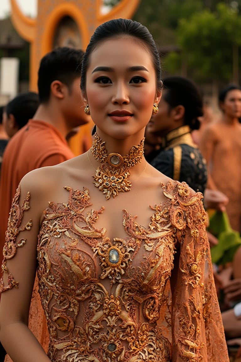 A stunning scene unfolds as one Korean girl pose against the vibrant backdrop of a Javanese house. wear a unique yet harmonious assortment of see-through kebaya, featuring deep V-necklines, long skirts, and sleeveless designs that showcase their toned physiques. The models' hair is tied up in elegant buns, adorned with intricate ornaments that add to the overall opulence. The camera zooms in on each girl's face, highlighting their porcelain-like skin, flawless features, and piercing eyes that seem almost too beautiful to be real. The scene is bathed in a warm, golden light, accentuating the girl curves and creating a sense of intimacy, looking on viewer, perfect hads, front body view, 1 girl.