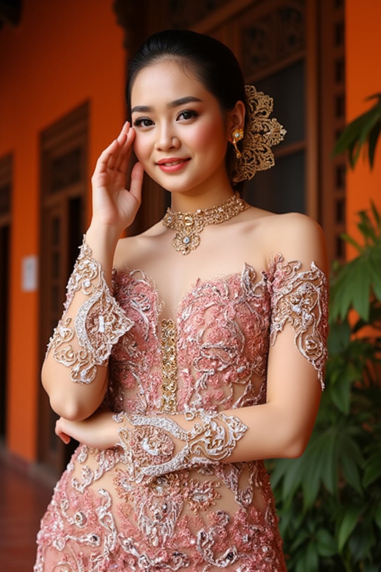 A stunning scene unfolds as one Korean girl pose against the vibrant backdrop of a Javanese house. wear a unique yet harmonious assortment of see-through kebaya, featuring deep V-necklines, long skirts, and sleeveless designs that showcase their toned physiques. The models' hair is tied up in elegant buns, adorned with intricate ornaments that add to the overall opulence. The camera zooms in on each girl's face, highlighting their porcelain-like skin, flawless features, and piercing eyes that seem almost too beautiful to be real. The scene is bathed in a warm, golden light, accentuating the girl curves and creating a sense of intimacy, looking on viewer, perfect hads, front body view, 1 girl.