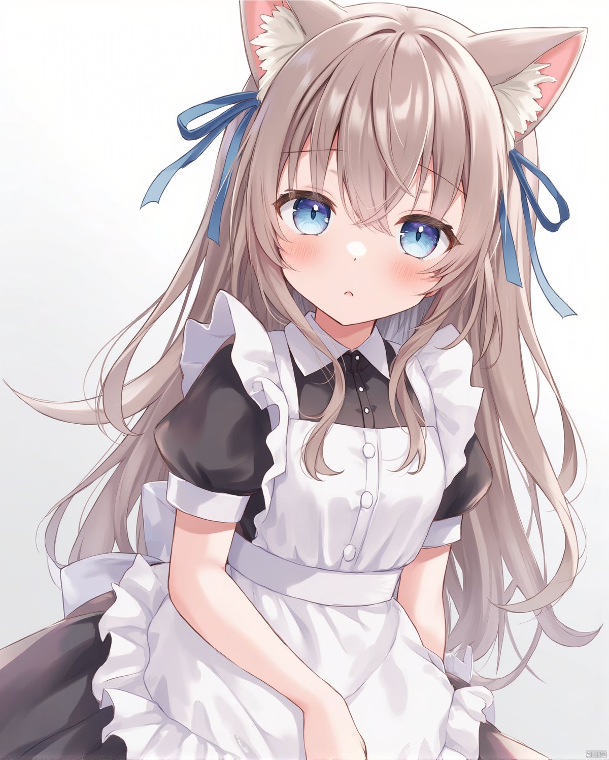 1girl,animal_ears,apron,bangs,blue_eyes,blue_ribbon,blush,brown_hair,cat_ears,closed_mouth,enmaided,eyebrows_visible_through_hair,frilled_apron,frills,gradient,gradient_background,grey_background,hair_ribbon,long_hair,looking_at_viewer,maid,maid_apron,maid_headdress,ribbon,solo,white_apron,bow