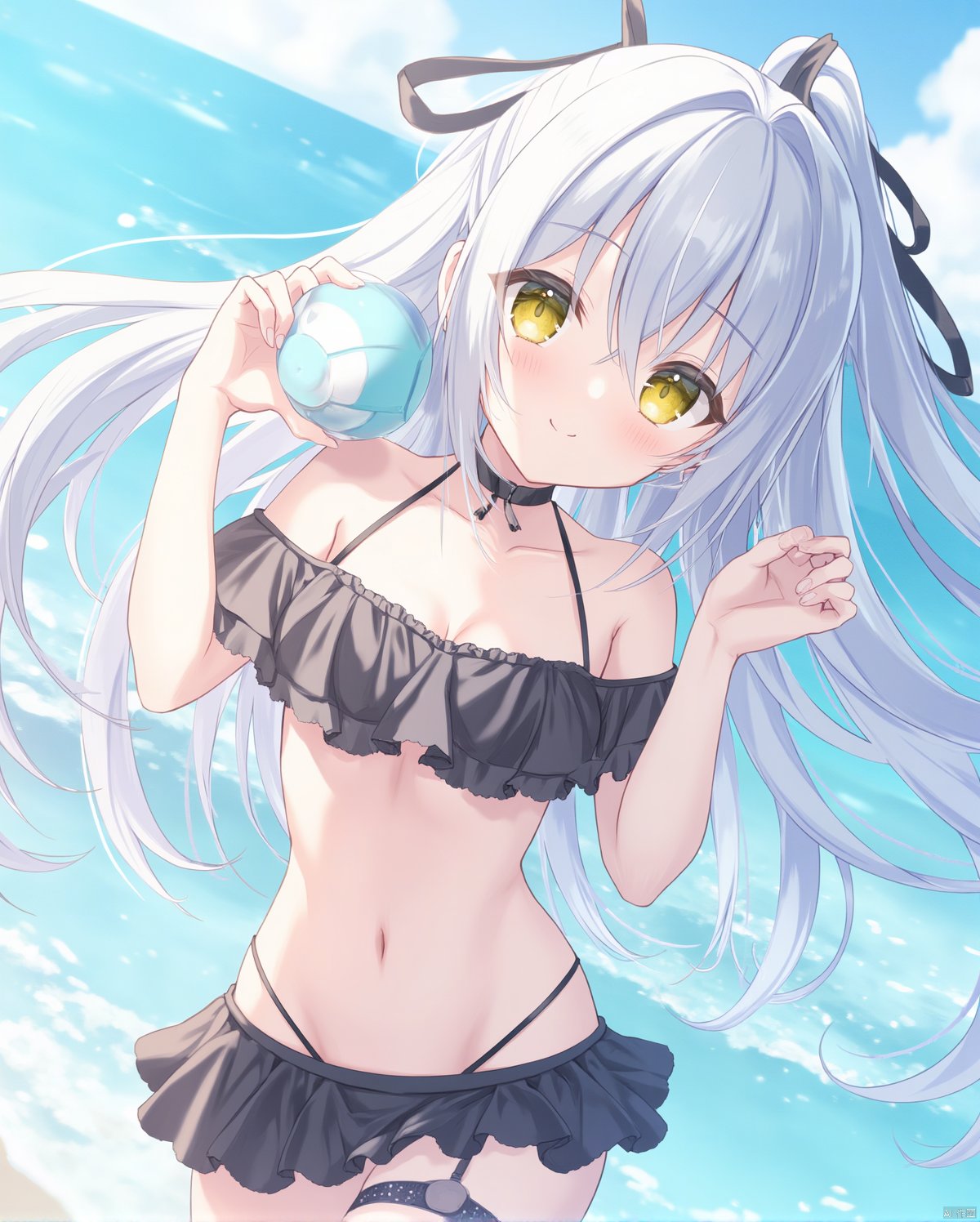 1girl,ball,bangs,bare_shoulders,beachball,bikini,bikini_skirt,black_bikini,blue_sky,breasts,choker,closed_mouth,collarbone,cowboy_shot,day,floating_hair,frills,hair_between_eyes,hair_ribbon,holding,leg_garter,long_hair,looking_at_viewer,navel,ocean,off_shoulder,outdoors,ribbon,silver_hair,sky,smile,solo,swimsuit,thigh_strap,thighs,very_long_hair,yellow_eyes