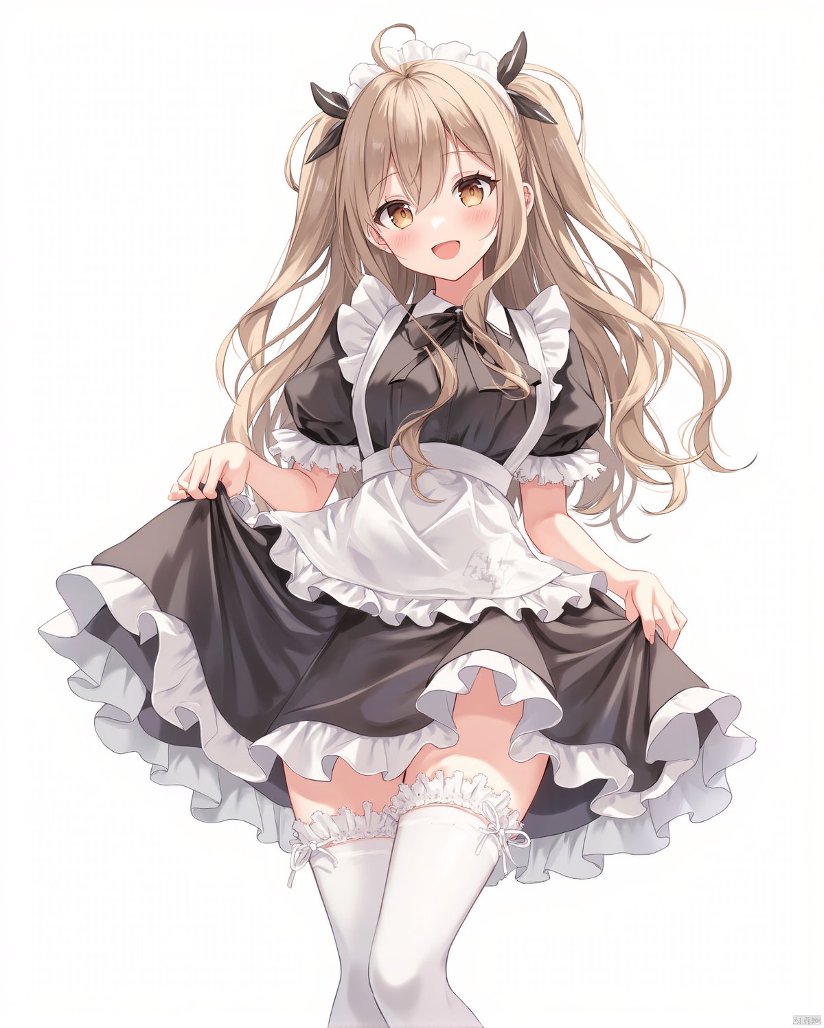 1girl,alternate_costume,apron,apron_lift,black_dress,brown_eyes,brown_hair,clothes_lift,curtsey,dress,dress_lift,enmaided,frilled_apron,frilled_legwear,frills,lifted_by_self,long_hair,looking_at_viewer,maid,maid_headdress,open_mouth,short_sleeves,simple_background,skirt,skirt_basket,skirt_hold,skirt_lift,smile,solo,thighhighs,wavy_hair,white_apron,white_background,white_legwear