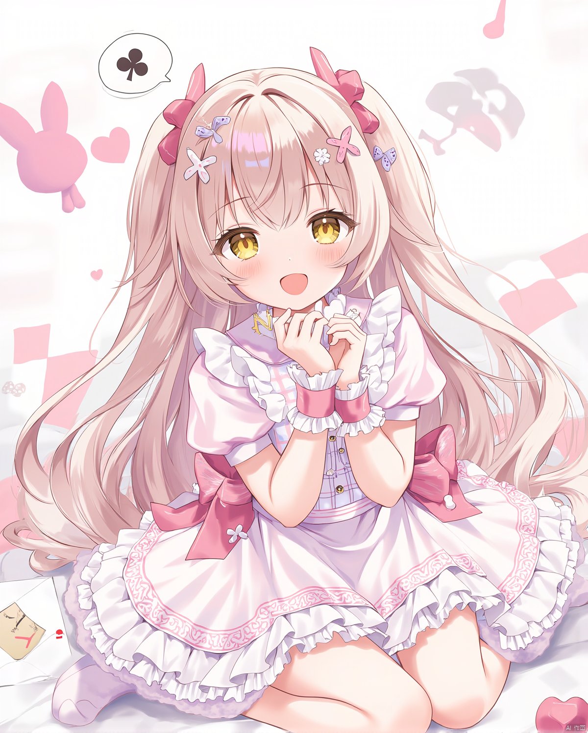 1girl,blush,bow,bunny,card,checkered,chess_piece,club_\(shape\),cube,dress,envelope,frills,hair_ornament,heart,holding_card,letter,long_hair,love_letter,musical_note,open_mouth,playing_card,puffy_sleeves,smile,solo,spade_\(shape\),spoken_heart,spoken_object,spoken_sweatdrop,two_side_up,very_long_hair,virtual_youtuber,wrist_cuffs,x_hair_ornament,yellow_eyes