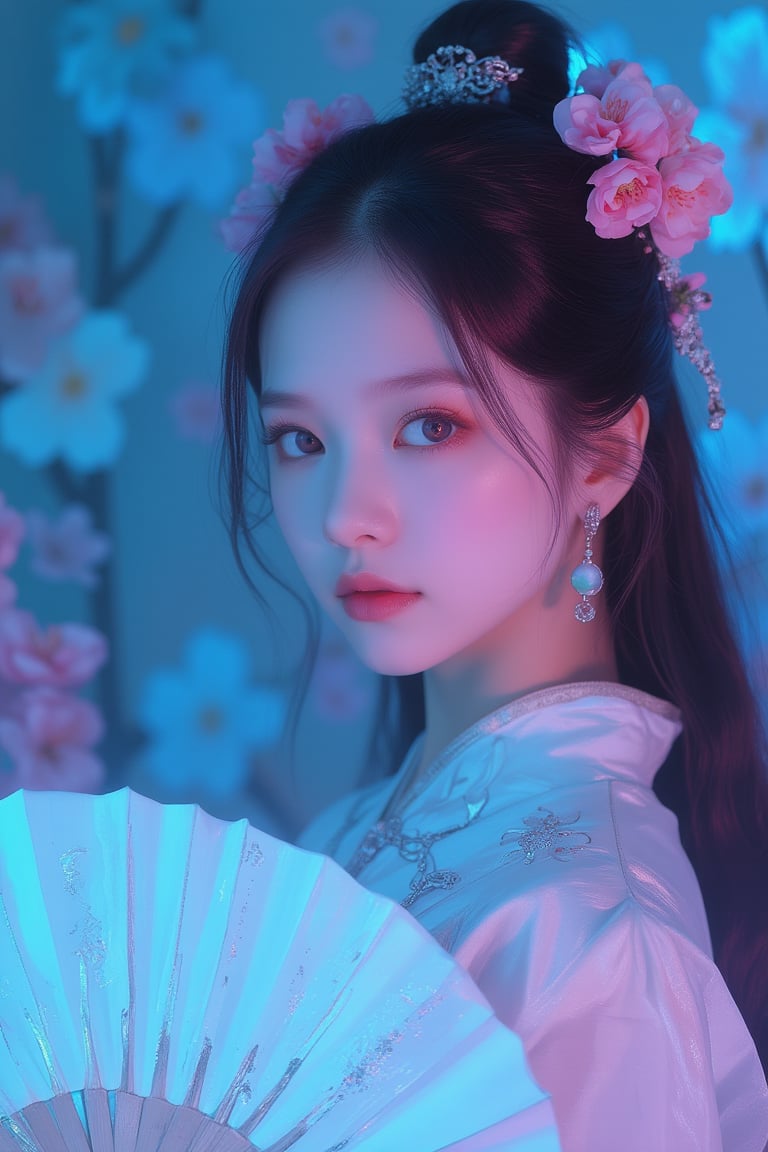 A close-up waist shot of a Asian woman in a white chinese clothes with a silver necklace and earrings. She is holding a white fan with Jade ornaments . The woman's hair is adorned with pink flowers adding a touch of beauty to the scene. creating a soft focus on the woman's face. neon lighting. (cover the background wall with light blue flowers:1.3), (looking at viewer, upper body),RHAngel