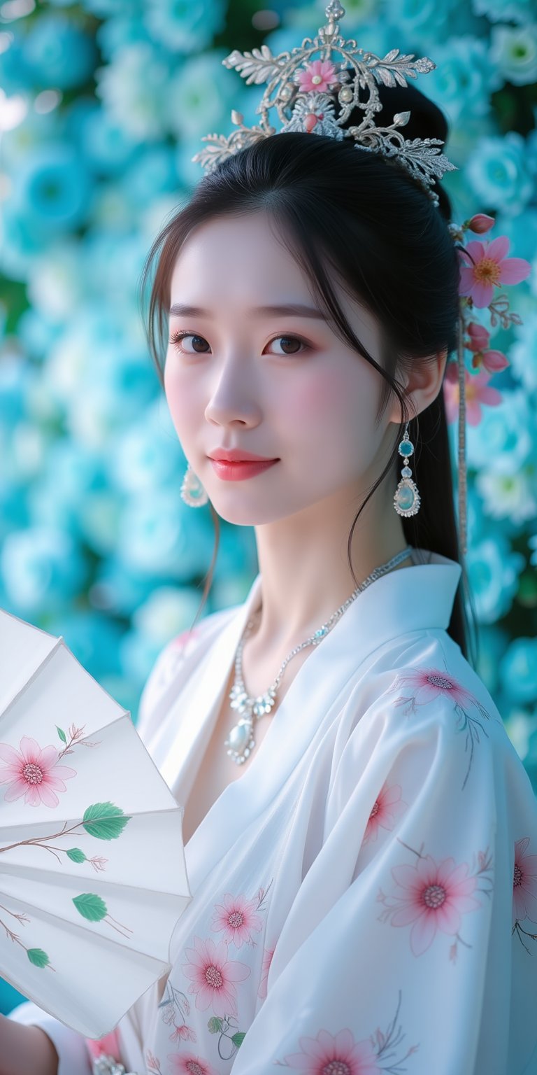 A close-up waist shot of a Asian woman in a white chinese clothes with a silver necklace and earrings. She is holding a white fan with Jade ornaments . The woman's hair is adorned with pink flowers adding a touch of beauty to the scene. creating a soft focus on the woman's face. neon lighting. (cover the background wall with light blue flowers:1.3), (looking at viewer, upper body)