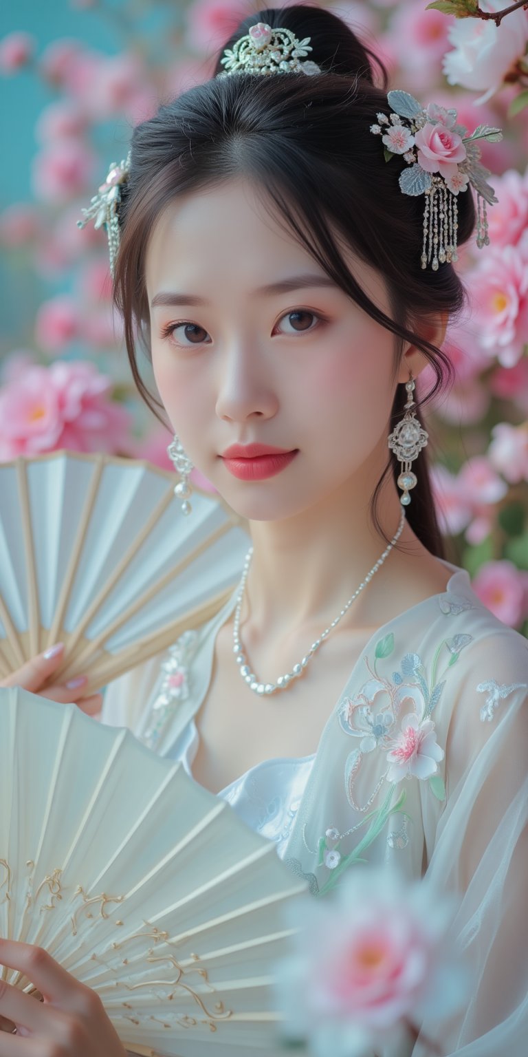 A close-up waist shot of a Asian woman in a white chinese clothes with a silver necklace and earrings. She is holding a white fan with Jade ornaments . The woman's hair is adorned with pink flowers adding a touch of beauty to the scene. creating a soft focus on the woman's face. neon lighting. (cover the background wall with light blue flowers:1.3), (looking at viewer, upper body)